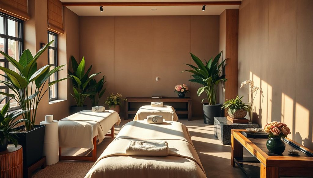 A serene wellness center nestled in the vibrant Kadıköy district, bathed in warm, natural light. The interior features calming earth tones, plush textiles, and an elegant minimalist design. Lush potted plants and artfully arranged flowers add pops of verdant green. Therapeutic massage tables beckon, surrounded by sleek wooden furnishings and soothing water features. The atmosphere radiates a sense of tranquility and rejuvenation, inviting visitors to indulge in the expertise of Kadıköy's skilled therapists. Soft, diffused lighting accentuates the space, creating a serene, spa-like ambiance.