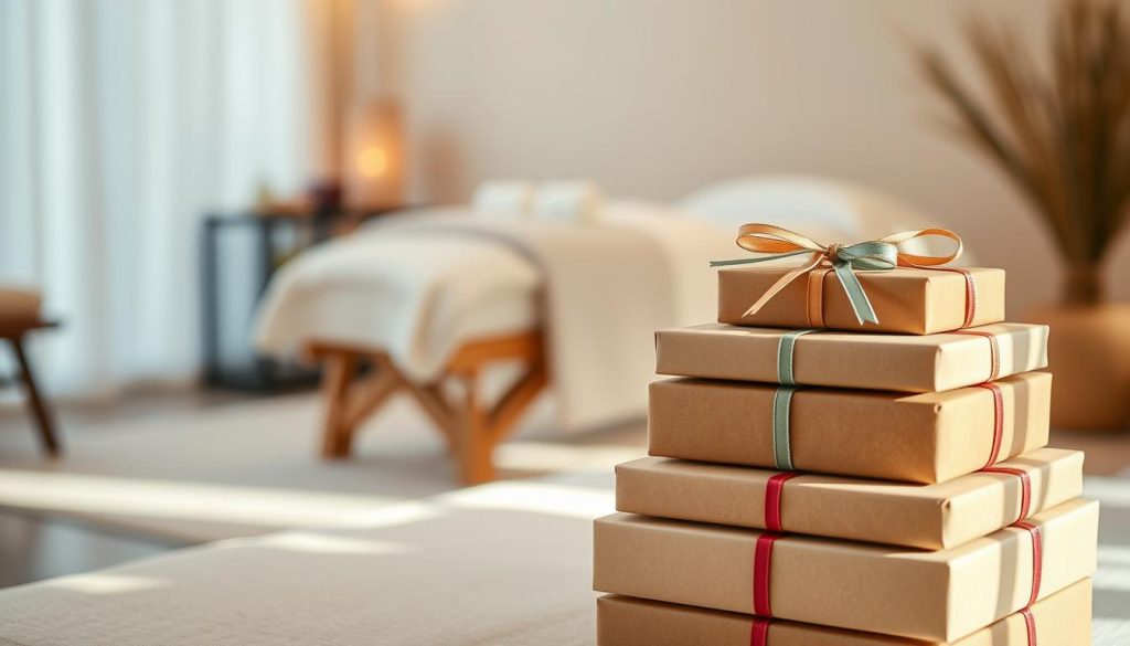 A stack of rectangular packages in the foreground, arranged neatly and tied with colorful ribbons. The packages are made of premium matte cardboard in various shades of brown, beige, and ivory. The lighting is soft and diffused, creating gentle shadows that accentuate the textural details. In the middle ground, a soothing, peaceful massage room with plush linens, warm tones, and minimalist decor. The background is blurred, suggesting a tranquil, relaxing atmosphere. The overall mood is one of elegance, comfort, and the promise of a rejuvenating experience. A stack of rectangular packages in the foreground, arranged neatly and tied with colorful ribbons. The packages are made of premium matte cardboard in various shades of brown, beige, and ivory. The lighting is soft and diffused, creating gentle shadows that accentuate the textural details. In the middle ground, a soothing, peaceful massage room with plush linens, warm tones, and minimalist decor. The background is blurred, suggesting a tranquil, relaxing atmosphere. The overall mood is one of elegance, comfort, and the promise of a rejuvenating experience.