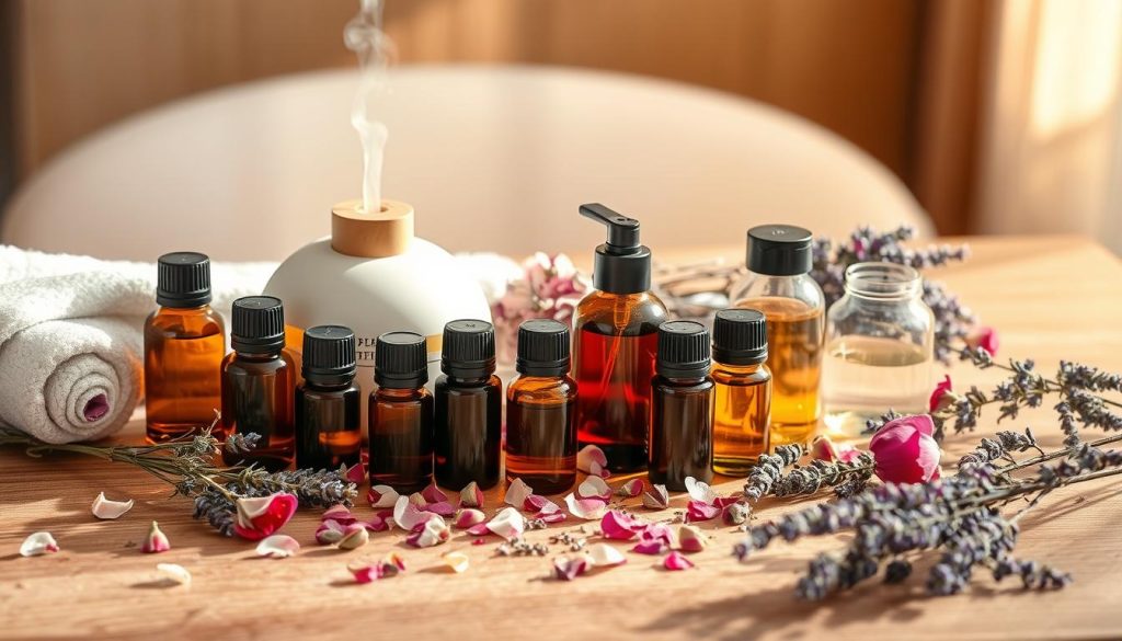 A still life arrangement of various essential oils, dried flowers, and aromatherapy tools artfully displayed on a wooden table. Soft, warm lighting illuminates the serene, spa-like setting, casting gentle shadows and highlights on the smooth surfaces. The composition features a selection of glass bottles filled with aromatic oils, a diffuser, and a scattering of rose petals, lavender sprigs, and other botanicals, evoking a sense of tranquility and relaxation. The image conveys the pampering, sensory experience of a luxurious spa treatment, ready to transport the viewer to a restorative Istanbul wellness retreat. A still life arrangement of various essential oils, dried flowers, and aromatherapy tools artfully displayed on a wooden table. Soft, warm lighting illuminates the serene, spa-like setting, casting gentle shadows and highlights on the smooth surfaces. The composition features a selection of glass bottles filled with aromatic oils, a diffuser, and a scattering of rose petals, lavender sprigs, and other botanicals, evoking a sense of tranquility and relaxation. The image conveys the pampering, sensory experience of a luxurious spa treatment, ready to transport the viewer to a restorative Istanbul wellness retreat.