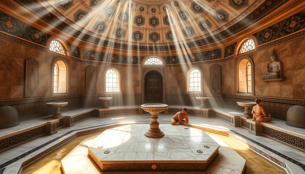A traditional Turkish hammam, with its domed ceiling, intricately patterned tiles, and warm, mist-filled air. Sunlight streams through ornate windows, casting a soft, golden glow on the marble benches and ornate fountains. In the center, a large, heated stone platform serves as the centerpiece, where bathers can relax and enjoy the soothing heat. The atmosphere is one of tranquility and rejuvenation, inviting visitors to indulge in the ancient ritual of cleansing and pampering. The scene evokes a sense of timelessness, transporting the viewer to a serene oasis of relaxation and well-being. A traditional Turkish hammam, with its domed ceiling, intricately patterned tiles, and warm, mist-filled air. Sunlight streams through ornate windows, casting a soft, golden glow on the marble benches and ornate fountains. In the center, a large, heated stone platform serves as the centerpiece, where bathers can relax and enjoy the soothing heat. The atmosphere is one of tranquility and rejuvenation, inviting visitors to indulge in the ancient ritual of cleansing and pampering. The scene evokes a sense of timelessness, transporting the viewer to a serene oasis of relaxation and well-being.