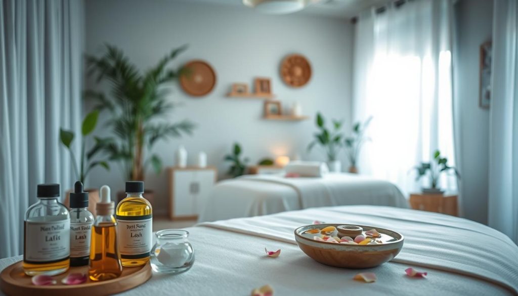 A tranquil massage studio, lit by soft natural light filtering through sheer curtains. In the foreground, an assortment of aromatic massage oils, therapeutic crystals, and personalized tools arranged with care. The middle ground features a cozy massage table draped in luxurious linens, the surface adorned with petals and a soothing water feature. In the background, lush indoor plants and calming wall decor create a serene, spa-like ambiance. The overall mood is one of relaxation, rejuvenation, and a personalized approach to wellness.