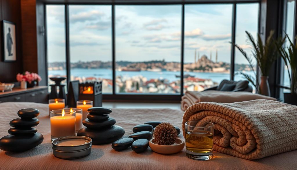 A vibrant, photorealistic scene showcasing the diverse massage offerings in Istanbul. In the foreground, an array of massage tools and treatments are meticulously displayed, including hot stones, scented oils, and plush towels. The middle ground features a serene, dimly lit massage studio with soft lighting and calming decor, hinting at the tranquil atmosphere. In the background, a panoramic view of the iconic Istanbul skyline, with the Bosphorus Strait and historic landmarks visible through large windows. The overall mood is one of relaxation, luxury, and the distinctive cultural essence of Istanbul's personalized massage experiences. A vibrant, photorealistic scene showcasing the diverse massage offerings in Istanbul. In the foreground, an array of massage tools and treatments are meticulously displayed, including hot stones, scented oils, and plush towels. The middle ground features a serene, dimly lit massage studio with soft lighting and calming decor, hinting at the tranquil atmosphere. In the background, a panoramic view of the iconic Istanbul skyline, with the Bosphorus Strait and historic landmarks visible through large windows. The overall mood is one of relaxation, luxury, and the distinctive cultural essence of Istanbul's personalized massage experiences.