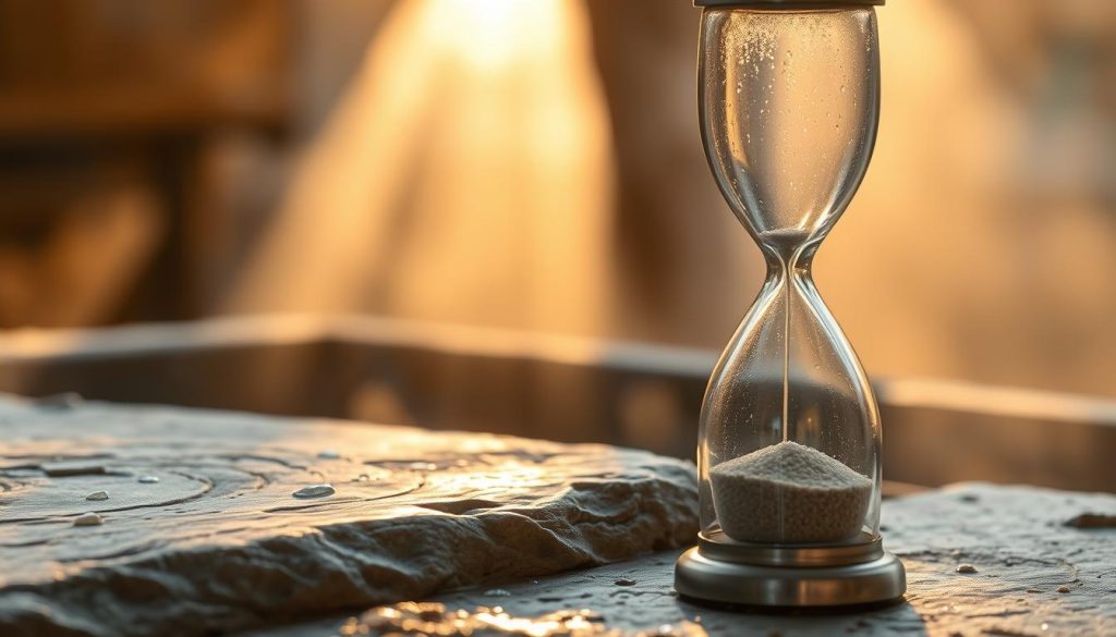 A weathered stone block, its surface etched with the delicate markings of time. Sunlight filters through the steam, casting a warm, amber glow over the scene. Droplets of water cling to the edges, hinting at the soothing ritual that takes place here. In the foreground, a metal hourglass stands as a silent timekeeper, its grains of sand slowly cascading, measuring the precious moments of each treatment. The background fades into a hazy, atmospheric blur, focusing the viewer's attention on the timeless, meditative nature of this ancient practice.