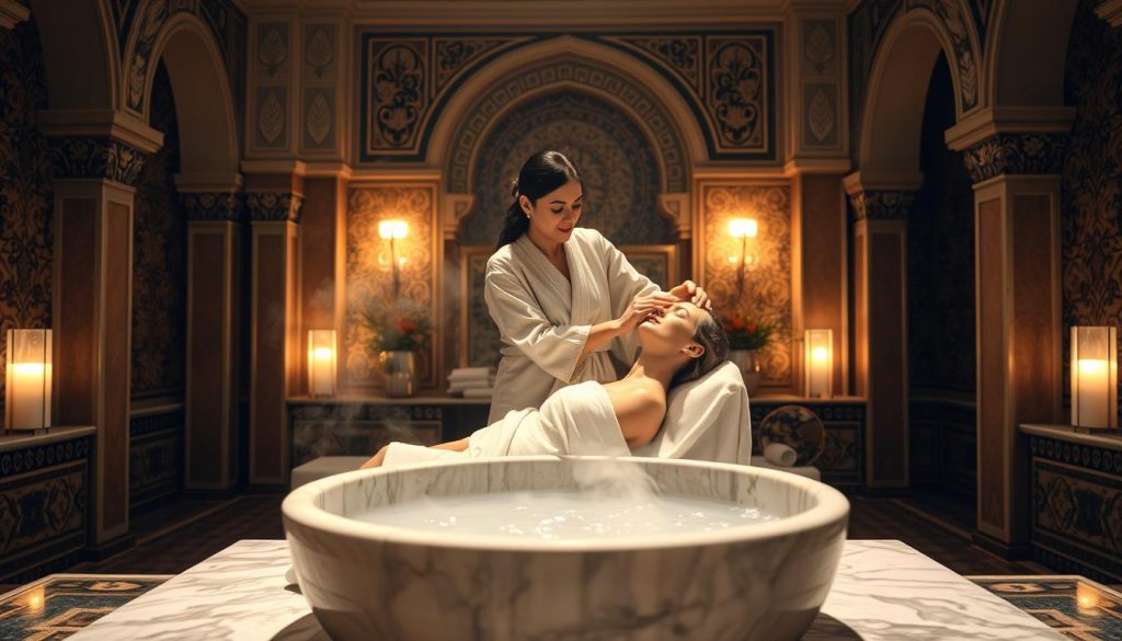 An elegant hammam massage scene set in a traditional Turkish spa. A luxurious marble basin dominates the foreground, filled with steaming water and fragrant oils. In the middle ground, a masseuse in a flowing silk robe gently massages the client's face, using soothing, long strokes. The background features ornate arches, intricate tiles, and warm, golden lighting, creating a serene and indulgent atmosphere. Soft, diffused lighting casts a gentle glow, highlighting the delicate textures of the skin and the opulent surroundings. The overall composition evokes a sense of tranquility, relaxation, and the fusion of massage and beauty traditions in Istanbul.