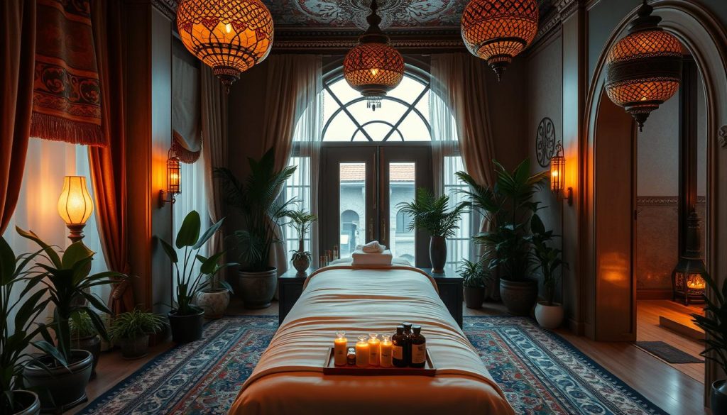 An opulent Istanbul massage parlor, with plush, dimly-lit interiors. Ornate Turkish lamps cast a warm, amber glow over the serene scene. Exotic potted plants and rich textiles adorn the tranquil space. In the center, a massage table invites with crisp white linens and an array of aromatherapy oils. Soft, ambient music plays, creating a zen-like atmosphere perfect for a rejuvenating home massage session. High-ceilinged arched doorways hint at the building's historic architecture, transporting the viewer to the heart of Istanbul. The overall mood is one of relaxation, luxury, and the perfect escape from the bustling city outside. An opulent Istanbul massage parlor, with plush, dimly-lit interiors. Ornate Turkish lamps cast a warm, amber glow over the serene scene. Exotic potted plants and rich textiles adorn the tranquil space. In the center, a massage table invites with crisp white linens and an array of aromatherapy oils. Soft, ambient music plays, creating a zen-like atmosphere perfect for a rejuvenating home massage session. High-ceilinged arched doorways hint at the building's historic architecture, transporting the viewer to the heart of Istanbul. The overall mood is one of relaxation, luxury, and the perfect escape from the bustling city outside.