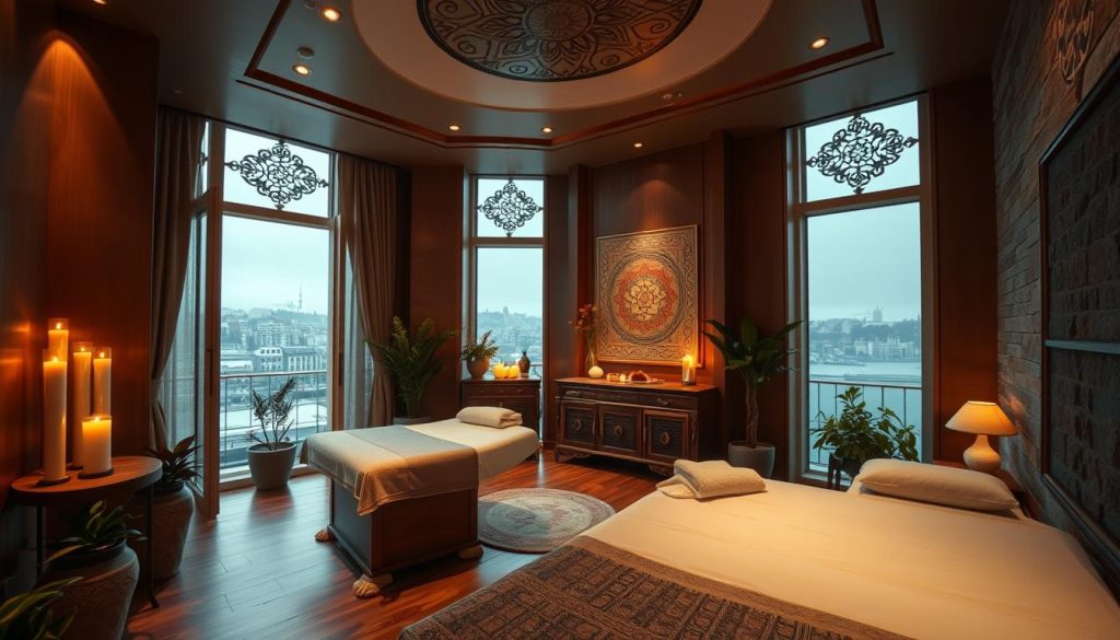 Elegant massage parlor interior, European side of Istanbul. Soft lighting illuminates plush massage tables and calming decor. Warm tones of wood and stone create a serene ambiance. Potted plants and candles add natural touches. Intricate Turkish patterns on the walls and textiles evoke the cultural heritage. An inviting entryway beckons, promising a rejuvenating experience. Expansive windows offer city views, while maintaining privacy. The overall atmosphere exudes relaxation and indulgence, perfect for a luxury massage session.