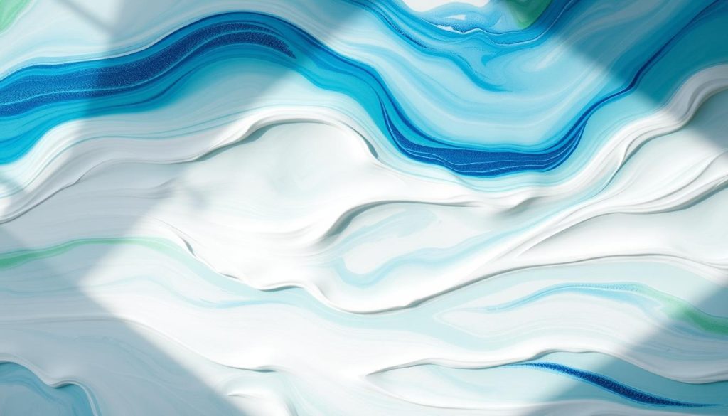 Flowing strokes of vibrant paint, capturing the essence of wellness and relaxation. Soft, brushed textures in a serene, calming palette of blues, greens, and whites. A tranquil, spa-like atmosphere, with gentle lighting highlighting the organic, fluid patterns. Shadows and highlights accentuate the depth and movement, inviting the viewer to experience the soothing, therapeutic nature of the scene. The composition is balanced and harmonious, evoking a sense of peace and tranquility. No distractions, just the pure expression of wellness and stress relief. Flowing strokes of vibrant paint, capturing the essence of wellness and relaxation. Soft, brushed textures in a serene, calming palette of blues, greens, and whites. A tranquil, spa-like atmosphere, with gentle lighting highlighting the organic, fluid patterns. Shadows and highlights accentuate the depth and movement, inviting the viewer to experience the soothing, therapeutic nature of the scene. The composition is balanced and harmonious, evoking a sense of peace and tranquility. No distractions, just the pure expression of wellness and stress relief.