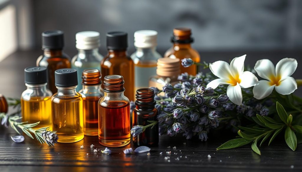 a detailed still life photograph of an arrangement of various essential oil bottles and vials, some open with droplets on the sides, and a variety of fresh aromatic herbs and flowers such as lavender, rosemary, and jasmine, placed on a dark wooden surface. Soft, warm lighting illuminates the scene, casting gentle shadows and highlighting the natural textures and colors of the oils and botanicals. The overall mood is one of tranquility, relaxation, and the soothing, therapeutic benefits of aromatherapy. a detailed still life photograph of an arrangement of various essential oil bottles and vials, some open with droplets on the sides, and a variety of fresh aromatic herbs and flowers such as lavender, rosemary, and jasmine, placed on a dark wooden surface. Soft, warm lighting illuminates the scene, casting gentle shadows and highlighting the natural textures and colors of the oils and botanicals. The overall mood is one of tranquility, relaxation, and the soothing, therapeutic benefits of aromatherapy.