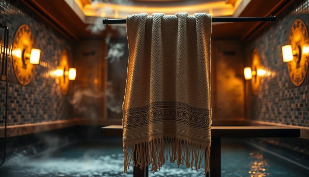 A Turkish hammam pestemal, a traditional woven cotton towel, hanging in a dimly lit hammam interior. Soft, warm lighting casts a golden glow, highlighting the intricate woven patterns and plush, absorbent texture. The pestemal is the centerpiece, draped elegantly over a wooden bench, awaiting the next bather. The background features mosaicked walls, steam rising, and the subtle sound of water echoing, creating an atmosphere of tranquility and ritual. The image conveys the intimate, meditative experience of the Turkish bath tradition. A Turkish hammam pestemal, a traditional woven cotton towel, hanging in a dimly lit hammam interior. Soft, warm lighting casts a golden glow, highlighting the intricate woven patterns and plush, absorbent texture. The pestemal is the centerpiece, draped elegantly over a wooden bench, awaiting the next bather. The background features mosaicked walls, steam rising, and the subtle sound of water echoing, creating an atmosphere of tranquility and ritual. The image conveys the intimate, meditative experience of the Turkish bath tradition.