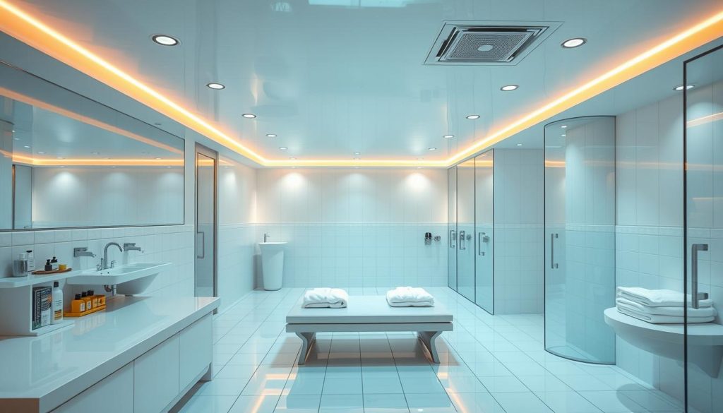 A bright, well-lit wellness center with sleek, modern decor. Gleaming stainless steel surfaces, pristine white tiles, and spotless glass partitions create an atmosphere of clinical hygiene. Crisp towels and neatly arranged toiletries convey meticulous attention to cleanliness. Soft, even lighting from recessed ceiling fixtures casts a warm, soothing glow. The air is fresh, the atmosphere serene, inviting guests to relax and unwind in the utmost comfort and safety.