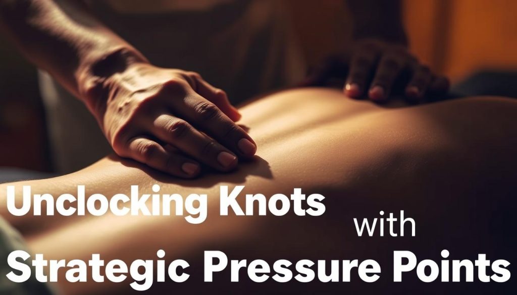 A close-up view of a massage therapist's hands applying strategic pressure to the pressure points on a person's back. The image is captured in a warm, dimly lit setting, with soft shadows cast across the scene, creating a soothing and therapeutic atmosphere. The therapist's fingers are gently yet firmly pressing into the knotted muscle tissue, with a focus on the key pressure points that can help release tension and restore balance. The overall composition emphasizes the precision and expertise of the massage technique, conveying the idea of "Unlocking Knots with Strategic Pressure Points". A close-up view of a massage therapist's hands applying strategic pressure to the pressure points on a person's back. The image is captured in a warm, dimly lit setting, with soft shadows cast across the scene, creating a soothing and therapeutic atmosphere. The therapist's fingers are gently yet firmly pressing into the knotted muscle tissue, with a focus on the key pressure points that can help release tension and restore balance. The overall composition emphasizes the precision and expertise of the massage technique, conveying the idea of "Unlocking Knots with Strategic Pressure Points".