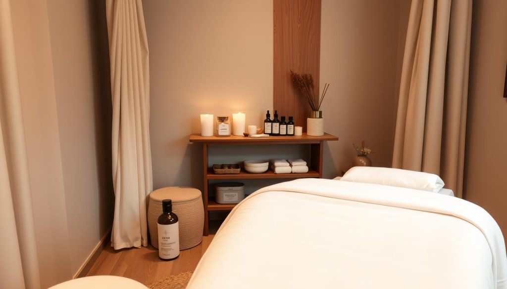 A cozy and intimate boutique massage studio with soft lighting, plush textiles, and a relaxing ambiance. The foreground features a beautifully appointed massage table with crisp white linens and a selection of natural oils and lotions. In the middle ground, a wooden side table holds scented candles, a diffuser, and other massage accoutrements. The background showcases a calming, neutral-toned wall with natural wood accents, creating a sense of soothing tranquility. The overall scene conveys a personalized, high-end massage experience tailored to the individual client's needs and preferences. A cozy and intimate boutique massage studio with soft lighting, plush textiles, and a relaxing ambiance. The foreground features a beautifully appointed massage table with crisp white linens and a selection of natural oils and lotions. In the middle ground, a wooden side table holds scented candles, a diffuser, and other massage accoutrements. The background showcases a calming, neutral-toned wall with natural wood accents, creating a sense of soothing tranquility. The overall scene conveys a personalized, high-end massage experience tailored to the individual client's needs and preferences.