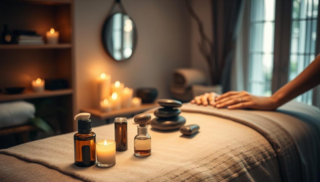 A cozy, dimly lit boutique massage studio, softly lit by the warm glow of candles. On a wooden table, an assortment of massage tools are neatly arranged - smooth river stones, fragrant essential oils, and uniquely shaped massage tools. The room has an atmosphere of tranquility, with the gentle sounds of soothing music playing in the background. The camera focuses on the intricate details of the massage techniques, capturing the skilled movements of the therapist's hands as they expertly knead and caress the client's muscles, promoting deep relaxation and rejuvenation.