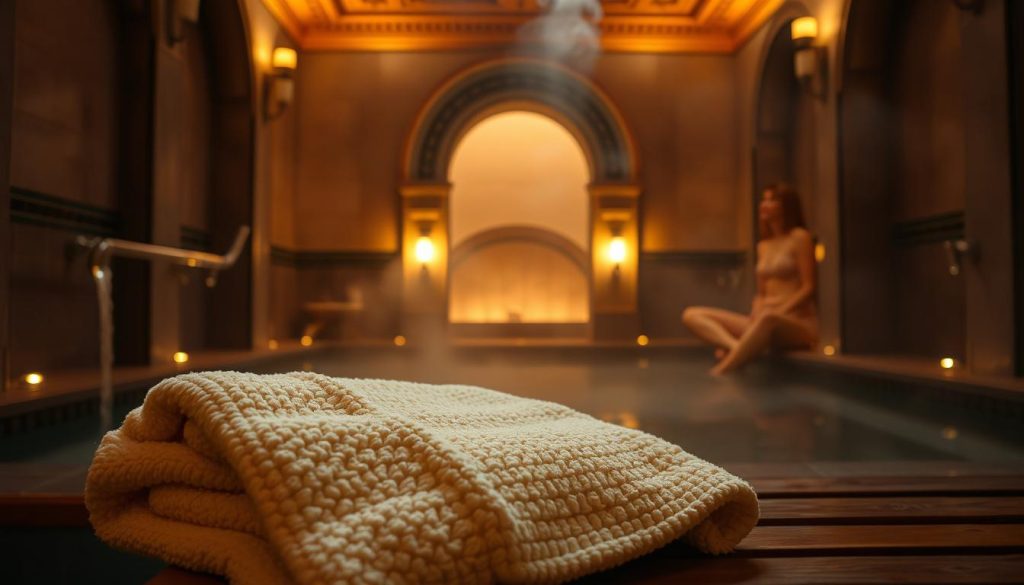 A cozy, dimly lit hammam interior bathed in warm, ambient lighting. In the foreground, a plush, cream-colored pestemal towel rests on a wooden bench, its soft, absorbent texture inviting the viewer to experience the ritual of self-care. The middle ground reveals the intricate architectural details of the hammam, with its arched doorways, ornate tiles, and steam-filled air. The background subtly hints at the serene, meditative atmosphere, where the senses are enveloped in the soothing scents of essential oils and the gentle hum of water flowing through the hammam's infrastructure.