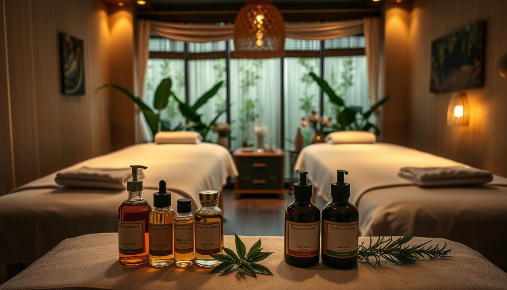 A cozy, dimly lit massage studio with plush, inviting massage tables adorned with crisp white linens. Soft, warm lighting casts a soothing glow, creating an atmosphere of tranquility. In the foreground, an array of natural massage oils and botanicals, their earthy aromas filling the air. In the background, lush greenery and elegant Turkish-inspired decor transport the viewer to a luxurious oasis of relaxation. The scene evokes a sense of indulgence and care, perfectly capturing the "Signature Massage Treatments" offered by Istanbul's female massage therapists. A cozy, dimly lit massage studio with plush, inviting massage tables adorned with crisp white linens. Soft, warm lighting casts a soothing glow, creating an atmosphere of tranquility. In the foreground, an array of natural massage oils and botanicals, their earthy aromas filling the air. In the background, lush greenery and elegant Turkish-inspired decor transport the viewer to a luxurious oasis of relaxation. The scene evokes a sense of indulgence and care, perfectly capturing the "Signature Massage Treatments" offered by Istanbul's female massage therapists.