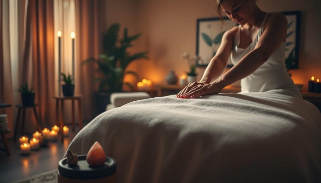 A cozy, dimly lit massage studio, with warm, soft lighting casting a peaceful glow. In the foreground, a massage table draped in luxurious linens, with essential oils and natural crystals arranged nearby. Soft, soothing music plays in the background, creating a calming ambiance. The middle ground features a skilled masseuse's hands gently kneading and manipulating the client's muscles, promoting a deep sense of relaxation and rejuvenation. The background showcases a serene, nature-inspired decor, with potted plants and calming artwork, further enhancing the tranquil atmosphere. The overall mood is one of tranquility, balance, and a profound recharging of the body's natural energy. A cozy, dimly lit massage studio, with warm, soft lighting casting a peaceful glow. In the foreground, a massage table draped in luxurious linens, with essential oils and natural crystals arranged nearby. Soft, soothing music plays in the background, creating a calming ambiance. The middle ground features a skilled masseuse's hands gently kneading and manipulating the client's muscles, promoting a deep sense of relaxation and rejuvenation. The background showcases a serene, nature-inspired decor, with potted plants and calming artwork, further enhancing the tranquil atmosphere. The overall mood is one of tranquility, balance, and a profound recharging of the body's natural energy.