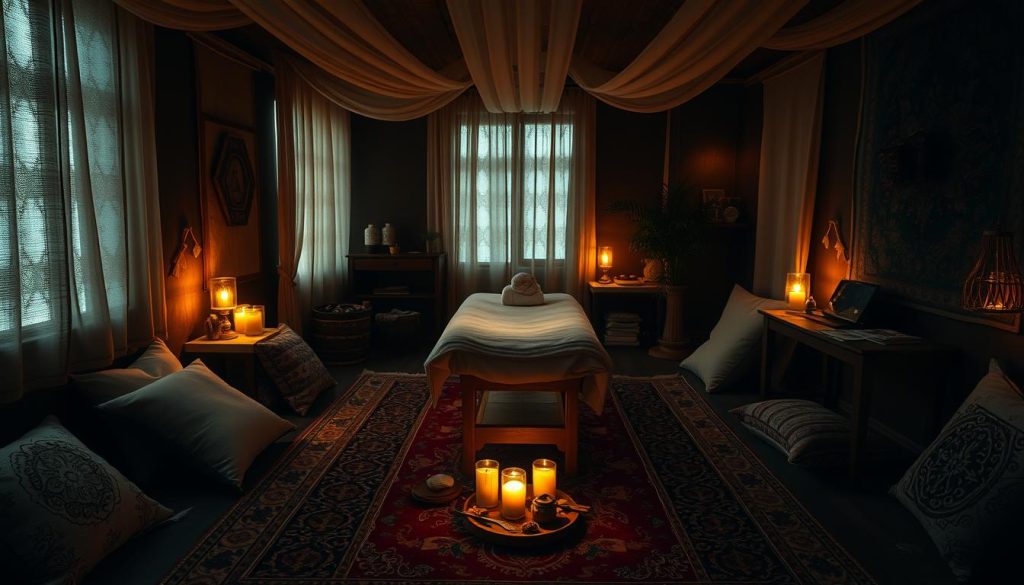 A cozy, dimly-lit room in a traditional Istanbul spa, filled with the gentle scent of aromatic oils. Plush pillows and soft fabrics adorn the space, creating a serene and inviting atmosphere. Delicate lighting casts a warm, golden glow, illuminating the intricate patterns of handwoven Turkish rugs. In the center, a massage table stands ready, surrounded by an array of natural ingredients and traditional massage tools, hinting at the holistic and restorative treatments to come. The scene evokes a timeless, otherworldly quality, blending the modern and the ancient, transporting the viewer to a realm of tranquility and healing.