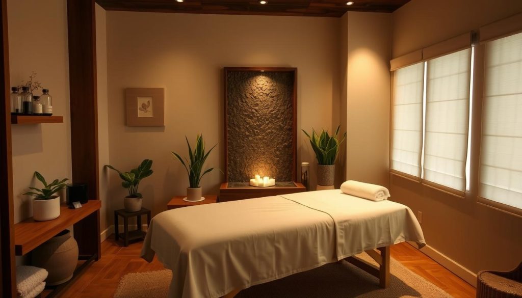 A cozy, intimate massage studio with natural materials and minimalist decor. Warm, diffused lighting casts a calming glow over a single massage table draped in soft linens. Wooden accents, potted plants, and a serene water feature create a peaceful, spa-like ambiance. The table is positioned to maximize privacy and personal attention, inviting the client to fully relax and immerse themselves in the boutique experience. The overall atmosphere exudes a sense of tranquility, comfort, and personalized care.