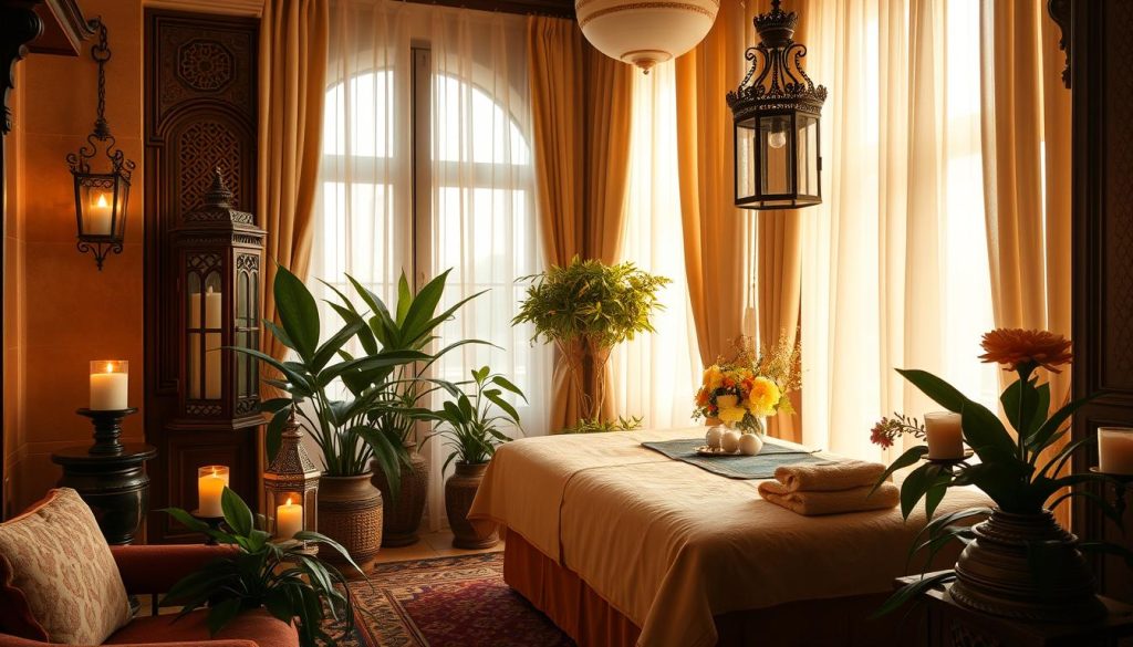 A cozy, luxurious Istanbul boutique massage therapy experience unfolds, bathed in warm, golden lighting. Plush fabrics, intricately carved wooden accents, and richly colored textiles evoke the city's timeless elegance. Soft, diffused light filters through sheer curtains, creating a serene, tranquil atmosphere. Ornate lanterns and scented candles flicker, casting gentle shadows. Lush, verdant plants and fragrant flowers add a touch of nature, blending the indoors with the outdoors. Ornamental tiles and intricate architectural details speak to the Bosphorus city's centuries-old cultural heritage. The overall scene exudes a sense of refined luxury and authentic Turkish hospitality, reflecting the spirit of Istanbul's vibrant spa culture.