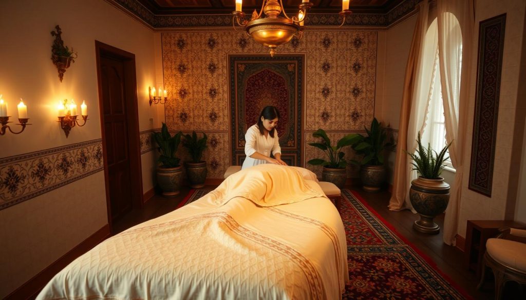 A cozy, serene interior of a traditional Turkish massage parlor. The foreground features an ornate, wooden massage table draped with plush, embroidered fabrics. Soft lighting from wall sconces and a hanging brass chandelier creates a warm, inviting atmosphere. In the middle ground, a masseuse in traditional Turkish attire performs a flowing, rhythmic massage technique on a client. The background showcases intricate tile work, ornate rugs, and potted plants, transporting the viewer to an authentic Istanbul setting. The overall scene conveys a sense of tranquility, rejuvenation, and the unique, time-honored massage traditions of Turkey.