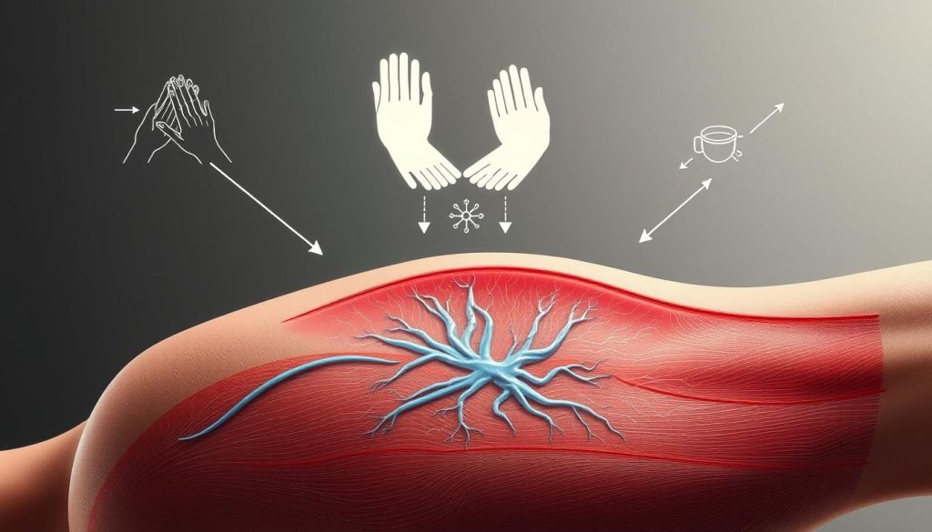A detailed anatomical illustration showcasing the intricate relationship between massage techniques and the immune system. The foreground features the cross-section of human skin and muscle tissue, highlighting the intricate network of lymphatic vessels and lymph nodes. The middle ground depicts stylized massage strokes and kneading motions, with arrows illustrating the stimulation and activation of the lymphatic system. The background is a minimalist, muted color palette, allowing the scientific details to take center stage. Rendered in a clinical, technical style with precise lighting and crisp, high-contrast details to convey the scientific nature of the subject matter. A detailed anatomical illustration showcasing the intricate relationship between massage techniques and the immune system. The foreground features the cross-section of human skin and muscle tissue, highlighting the intricate network of lymphatic vessels and lymph nodes. The middle ground depicts stylized massage strokes and kneading motions, with arrows illustrating the stimulation and activation of the lymphatic system. The background is a minimalist, muted color palette, allowing the scientific details to take center stage. Rendered in a clinical, technical style with precise lighting and crisp, high-contrast details to convey the scientific nature of the subject matter.