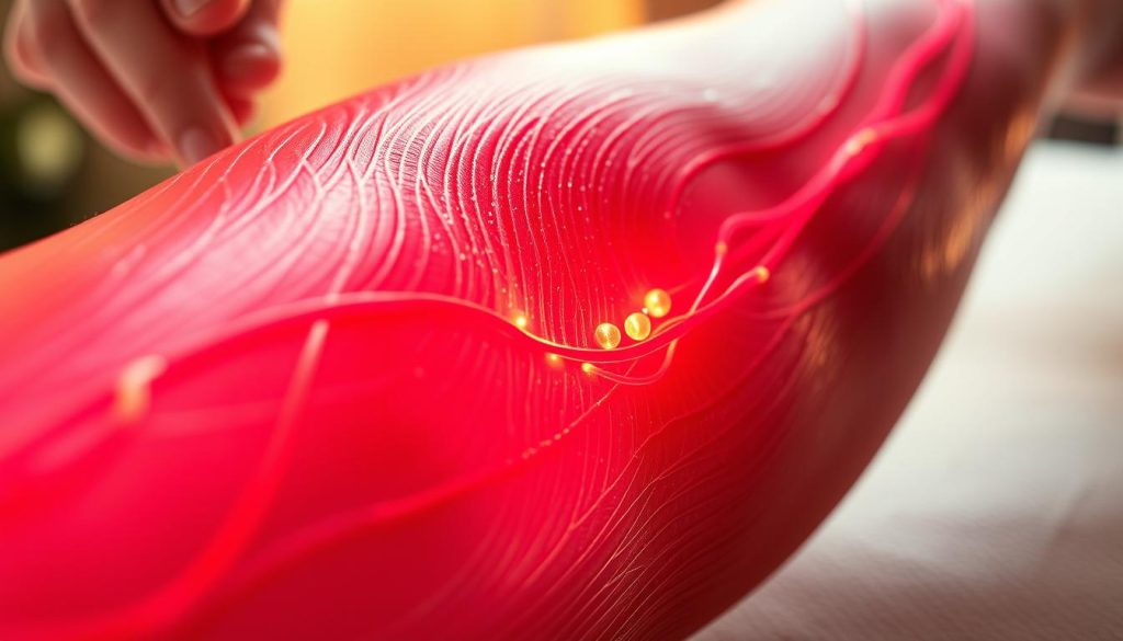 A detailed cross-section of a muscle during a deep tissue massage, showcasing the improved blood flow and circulation. The foreground features vibrant red and pink arteries and veins pulsing with oxygenated blood, while the surrounding muscle fibers appear supple and relaxed. The middle ground reveals a glowing network of capillaries delivering nutrients to the tissue. The background is bathed in a warm, ambient light, creating a soothing, therapeutic atmosphere. Captured with a macro lens, the image conveys the rejuvenating power of massage therapy on the body's recovery processes.