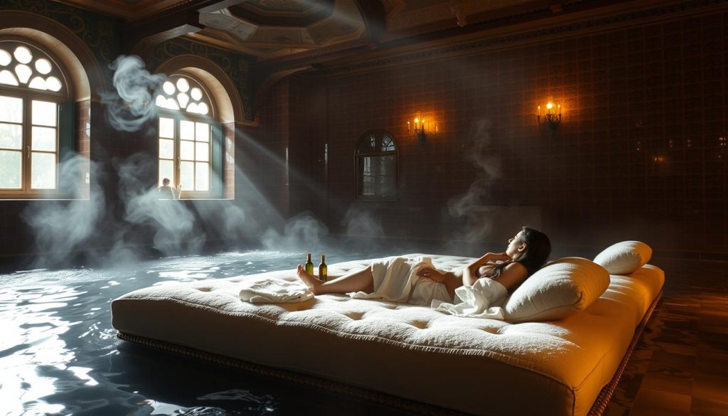 A dimly lit Turkish bath, steam curling in the air, the sound of running water echoing softly. Sunlight filters through ornate windows, casting a warm glow on the intricately tiled walls. A plush, cushioned platform invites visitors to recline, wrapped in soft towels, as they surrender to the soothing heat and tranquil ambiance. Aromatic oils and the gentle hum of soft music transport the senses, ushering in a state of deep relaxation and rejuvenation. The scene exudes a sense of timeless elegance and timeless wellness, a sanctuary for the body and mind.