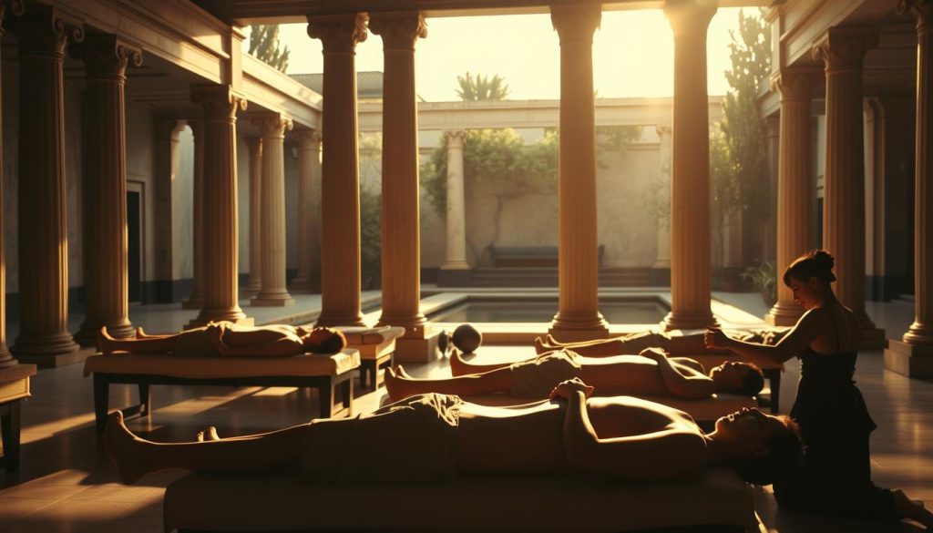 A dimly lit classical Greek gymnasium, the atmosphere calm and serene. In the foreground, skilled masseuses perform intricate techniques on reclined patrons, their strong yet gentle hands kneading weary muscles. Ornate columns line the middle ground, casting soft shadows across the scene. In the background, a serene garden with lush foliage and a tranquil reflecting pool, evoking a sense of timeless relaxation. Warm, natural lighting filters in, creating a soothing ambiance. The overall mood is one of timeless tradition, where the ancient art of massage therapy is honored and celebrated.