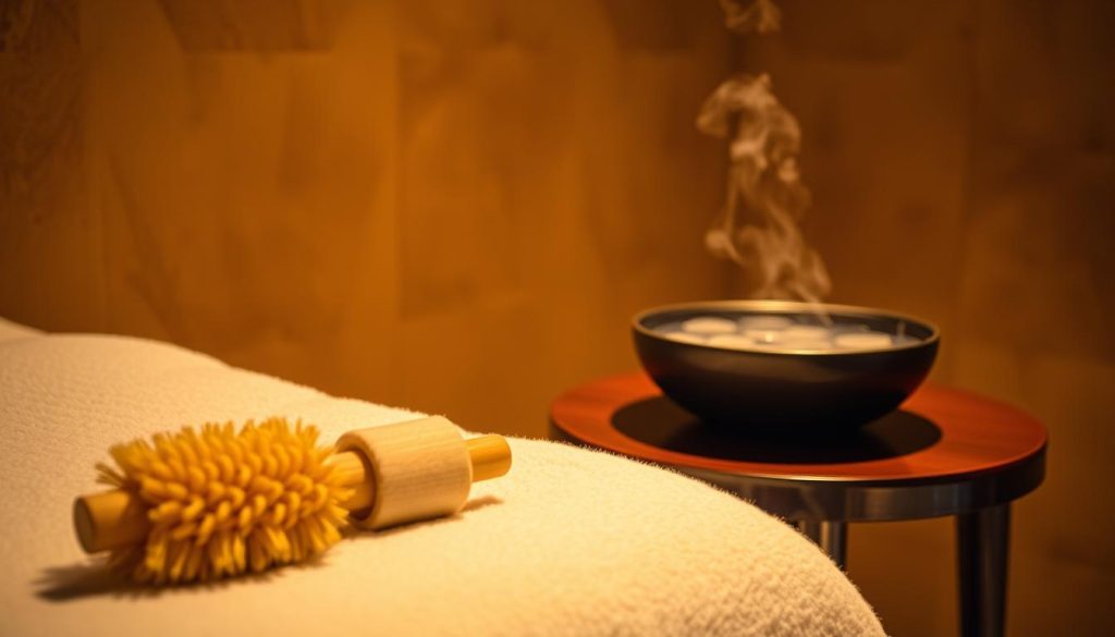 A dimly lit, cozy boutique massage room in Istanbul, with warm, amber-hued lighting casting a serene glow. In the foreground, a traditional kese scrub brush lies on a plush, white towel, its natural fibers gently curled. In the middle ground, a shallow bowl filled with fragrant, steaming water sits upon a polished wooden side table, wisps of steam drifting upwards. The background features a softly textured, earthy-toned wall, evoking a sense of tranquility and relaxation. The overall atmosphere is one of luxurious pampering, inviting the viewer to immerse themselves in the bespoke massage experience.