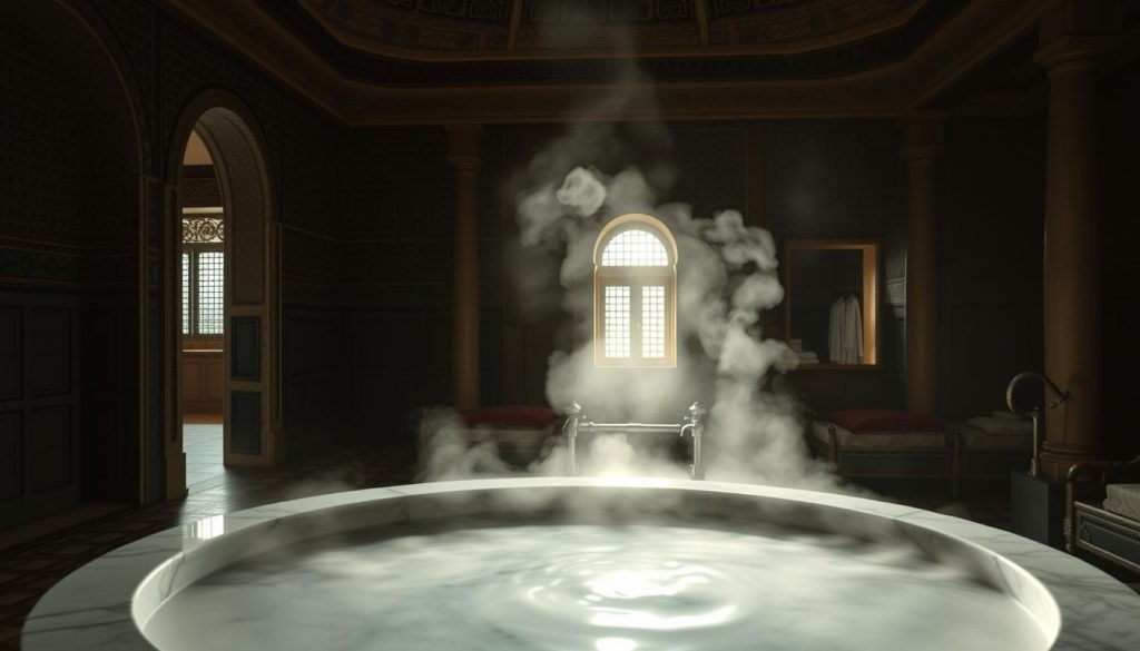 A dimly lit, ornate Turkish bathhouse interior, with intricate tile mosaics, arched entryways, and ornate columns. Soft, diffused lighting filters through the steam, creating a hazy, dreamlike atmosphere. In the foreground, a large, steaming marble basin takes center stage, its surface gently rippling. The middle ground features ornate wooden benches and shelves, suggesting the relaxation and rejuvenation of a traditional bathing ritual. The background reveals a series of smaller, intimate alcoves, hinting at the history and tradition of this cultural institution. Subtle details like ornamental taps, slatted windows, and plush towels complete the scene, transporting the viewer to the timeless world of the Turkish bath.