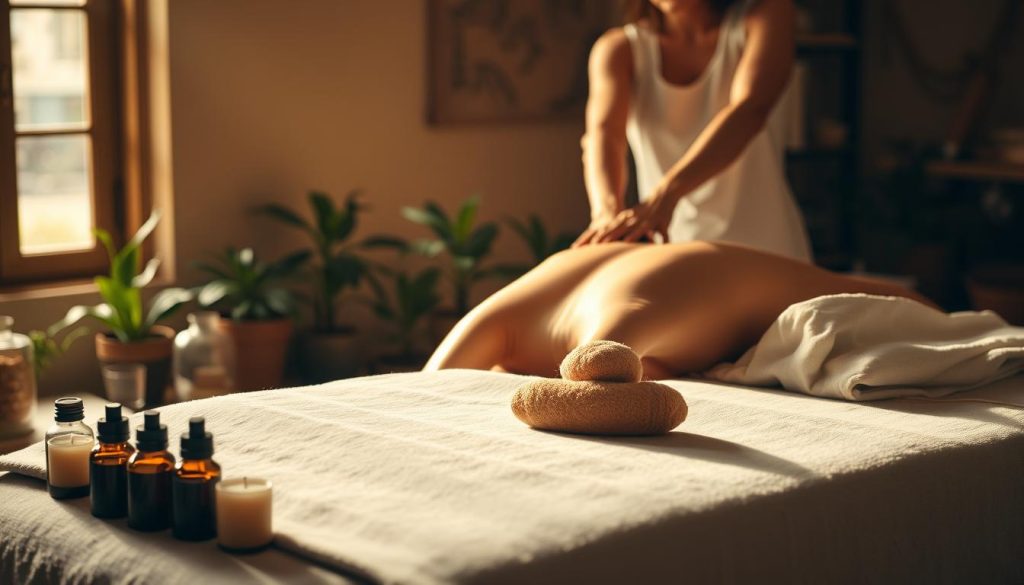 A dimly lit room with natural light filtering through a window, showcasing a tranquil scene of traditional holistic massage techniques. In the foreground, a massage table covered in plush linens, with various essential oils, aromatic candles, and natural sponges arranged neatly nearby. In the middle ground, a practitioner's hands gently kneading and manipulating the muscles of a client's back, using long, fluid strokes and gentle pressure. The background depicts a warm, earthy color palette, with potted plants and natural decor elements, evoking a sense of harmony and well-being. The overall atmosphere is calming, restorative, and immersive, inviting the viewer to experience the timeless traditions of holistic massage. A dimly lit room with natural light filtering through a window, showcasing a tranquil scene of traditional holistic massage techniques. In the foreground, a massage table covered in plush linens, with various essential oils, aromatic candles, and natural sponges arranged neatly nearby. In the middle ground, a practitioner's hands gently kneading and manipulating the muscles of a client's back, using long, fluid strokes and gentle pressure. The background depicts a warm, earthy color palette, with potted plants and natural decor elements, evoking a sense of harmony and well-being. The overall atmosphere is calming, restorative, and immersive, inviting the viewer to experience the timeless traditions of holistic massage.
