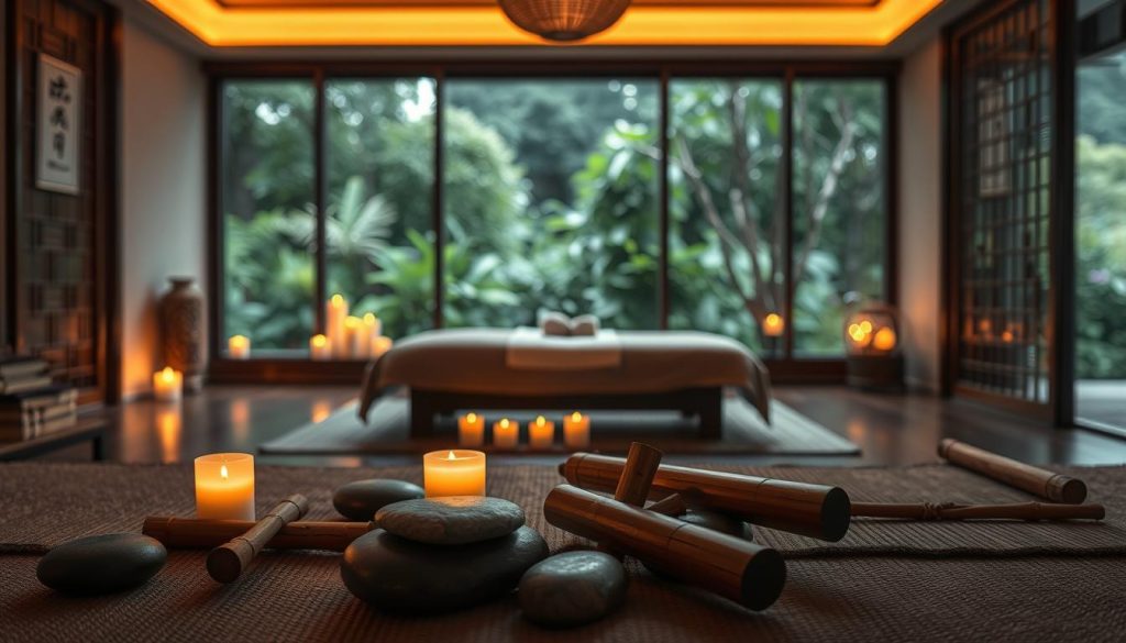 A dimly lit, traditional East Asian massage studio. In the foreground, various massage tools are neatly arranged - smooth river stones, bamboo sticks, and acupressure mats. The middle ground features a low massage table surrounded by candles, their flickering flames casting a warm, serene glow. In the background, a large window overlooks a lush, verdant garden, hinting at the connection between nature and this ancient healing practice. The overall mood is one of tranquility, balance, and the skilled application of traditional Eastern massage techniques.