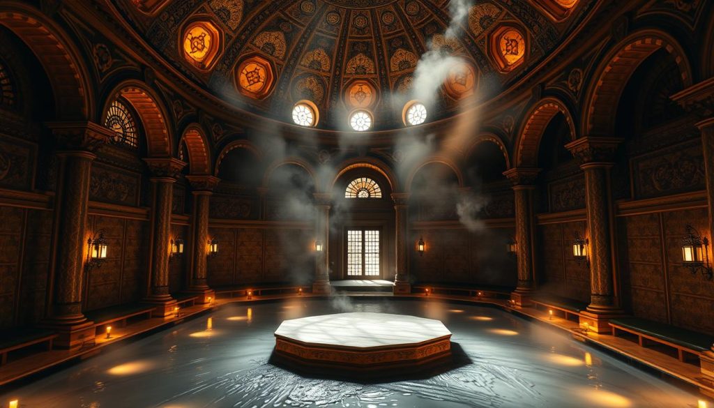 A grand and ornate traditional Turkish bath interior, with a domed ceiling and intricate tilework adorning the walls. The central heated marble platform is surrounded by alcoves with heated benches, dimly lit by glowing lanterns. Streams of steam rise from the heated water, creating a soothing, atmospheric ambiance. Elaborate arches and columns frame the space, evoking the timeless elegance of historic Istanbul architecture. Warm, golden lighting filters through stained glass windows, casting a soft, dreamlike glow throughout the chamber. The overall effect is one of tranquility, luxury, and a profound connection to the rich cultural heritage of the Ottoman Empire.