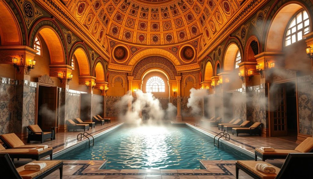 A lavish historic Turkish bathhouse, its domed ceilings and ornate archways bathed in warm, golden light. Intricate tile mosaics line the walls, reflecting the shimmering water of the central pool. Steam swirls around the spacious, marble-clad interior, creating an atmosphere of relaxation and indulgence. Plush lounge chairs and luxurious towels await bathers, promising a truly pampering experience. The scene evokes the rich cultural heritage and timeless elegance of Istanbul's renowned spa tradition.