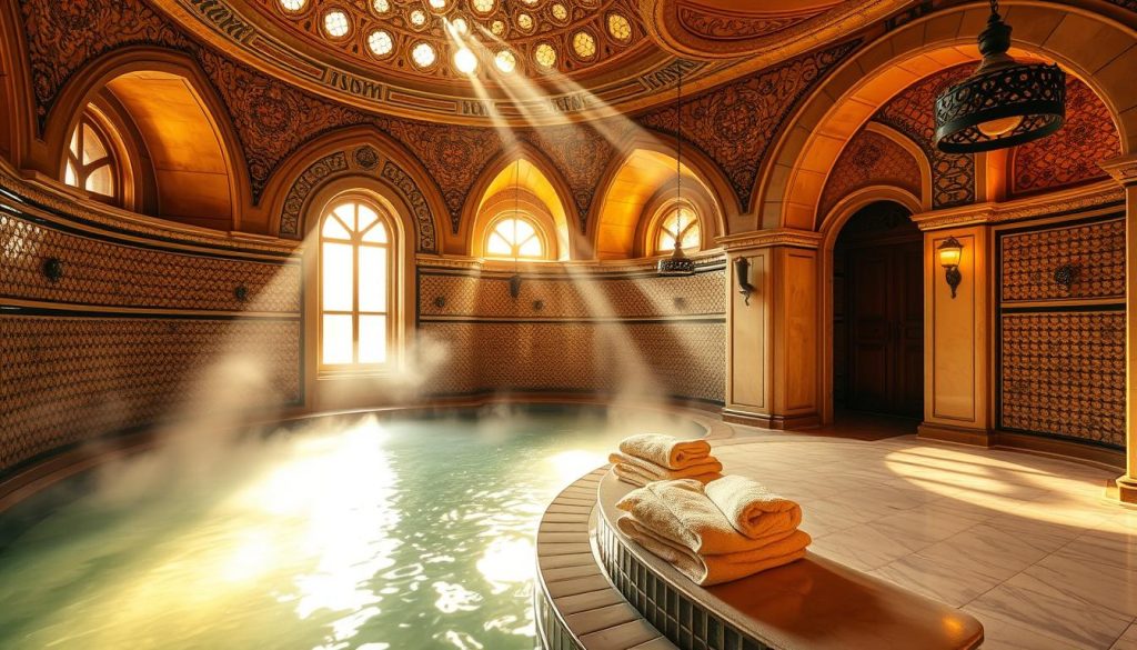A luxurious hammam in Istanbul, bathed in warm, golden light filtering through ornate tiled domes. Plush towels and soft, scented steam envelop the senses. Intricate, mosaic-tiled floors and walls evoke the opulence of a bygone era. Ornate metal lamps cast a gentle, ambient glow, creating an atmosphere of tranquility and indulgence. Sumptuous marble slabs and elegant, curved archways frame the scene, evoking the timeless elegance of traditional Turkish bathhouses. A sense of timeless, sensual relaxation pervades the space, inviting visitors to immerse themselves in the ultimate boutique hammam experience.