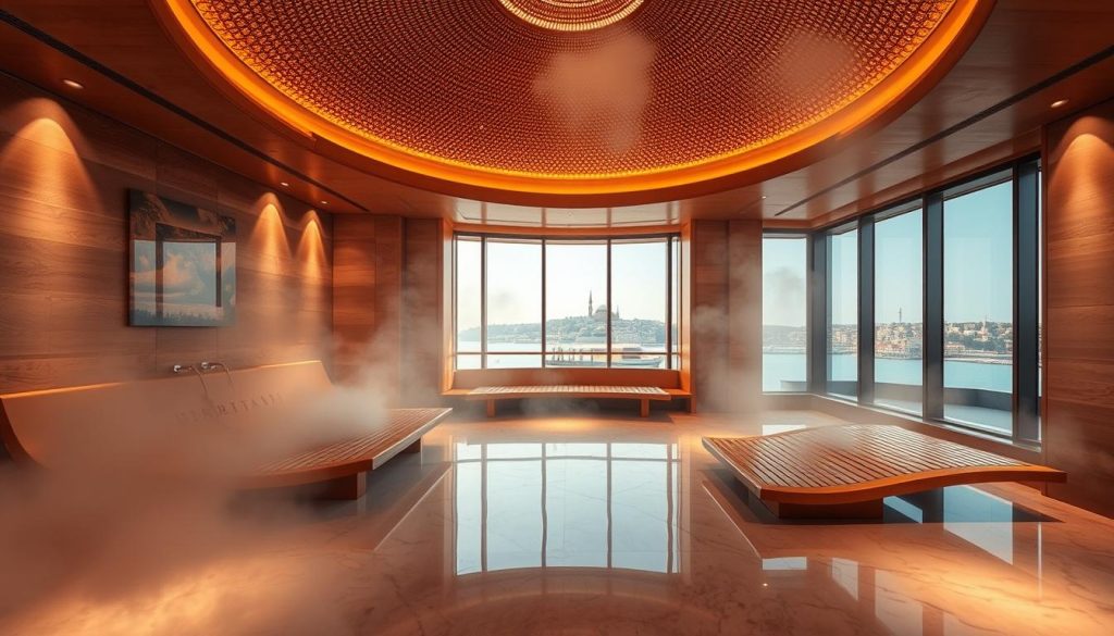 A luxurious modern hammam in Istanbul, bathed in warm, diffused lighting. The steam-filled foreground features intricate mosaic patterns on the domed ceiling, reflecting off the polished marble floors. In the middle ground, sleek, curved wooden benches line the walls, contrasting with the traditional Turkish-style architecture. The background reveals floor-to-ceiling windows overlooking the Bosporus Strait, offering a picturesque view of the historic city skyline. The overall atmosphere is one of tranquility and balance between ancient heritage and contemporary design.