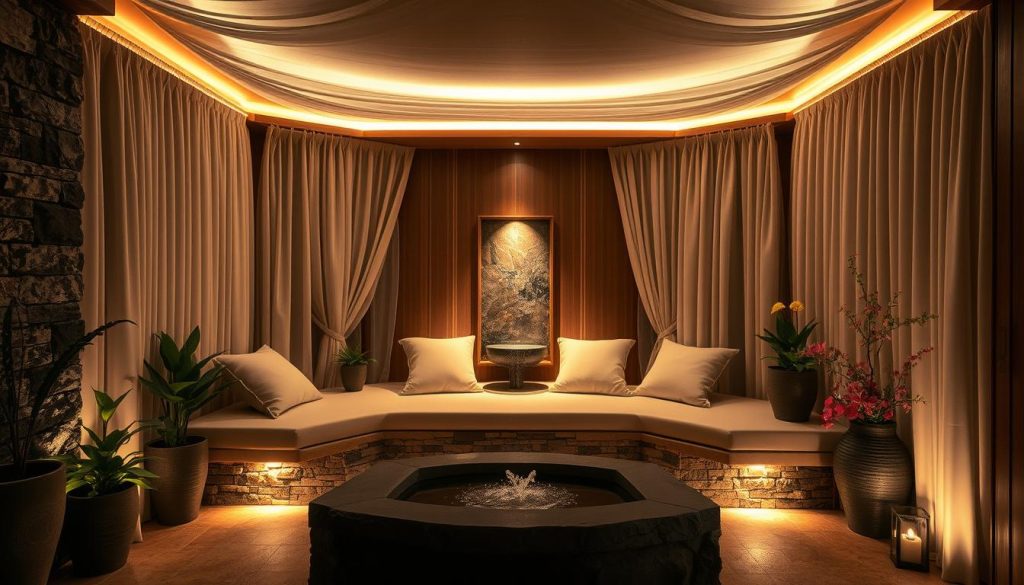 A luxurious private spa sanctuary, dimly lit with soft, warm lighting accentuating the natural stone and wood accents. Plush, oversized cushions adorn a raised dais, surrounded by folding sheer curtains that offer a sense of intimacy. The space exudes an aura of tranquility, with the gentle sound of flowing water from a minimalist fountain in the corner. Lush potted greenery and fresh flower arrangements add pops of vibrant color, complementing the muted earthy tones. The entire setting evokes a serene, almost meditative atmosphere, perfect for a couples' rejuvenating spa experience.