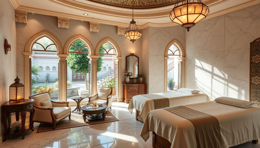 A luxurious spa interior in Istanbul, Turkey. Sunlit marble floors and walls, with ornate arched windows overlooking a serene courtyard garden. Plush lounge chairs and massage tables dressed in soft linens. Elegant Turkish lamps casting a warm, ambient glow. Fragrant candles and essential oil diffusers create a tranquil, sensory atmosphere. Wooden accents and intricate tile work reflect the region's rich cultural heritage. An inviting sanctuary for a boutique massage experience, offering ultimate relaxation and indulgence.