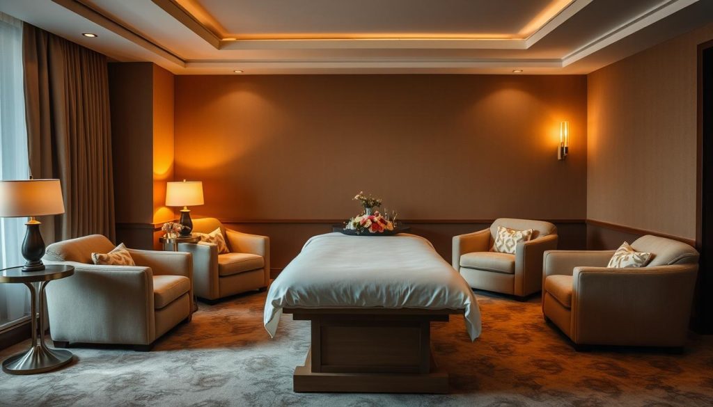 A luxuriously appointed room with plush, oversized armchairs and a cozy, inviting ambiance. Soft, muted lighting casts a warm glow, complementing the rich, earthy tones of the space. A custom-designed massage table takes center stage, flanked by elegant side tables adorned with delicate floral arrangements. The atmosphere evokes a sense of tranquility and indulgence, transporting the viewer to a serene oasis of relaxation, far from the bustling streets of Istanbul.