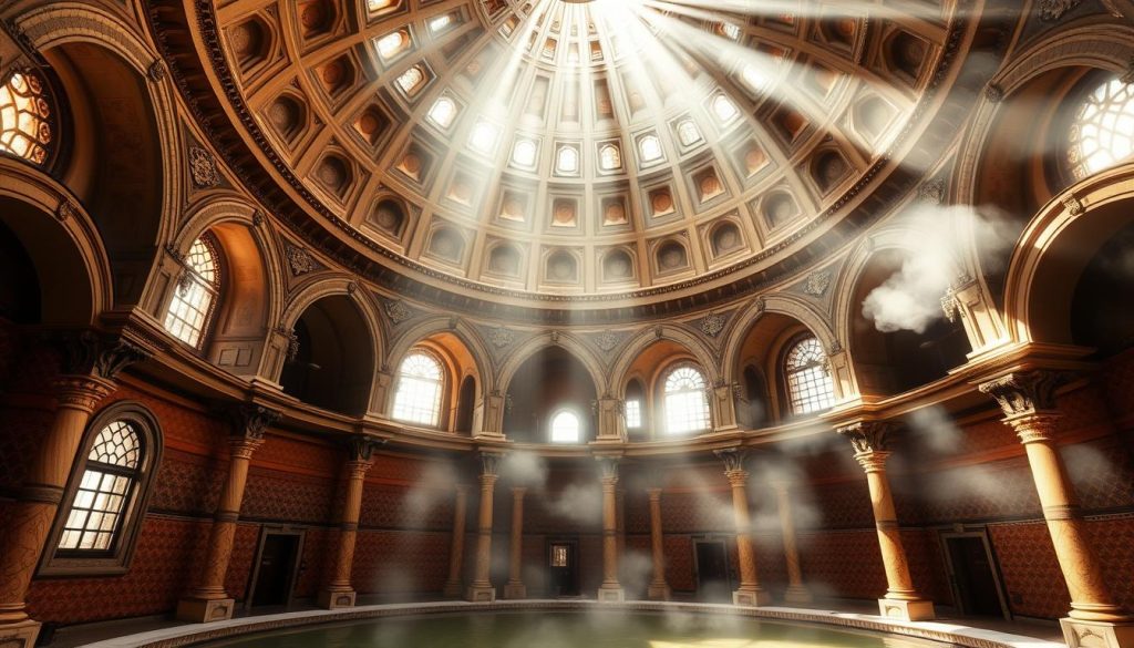 A majestic domed structure, its intricate stonework and ornate architecture reflecting the rich cultural heritage of Istanbul. Sunlight streams through ornamental windows, casting a warm, ethereal glow upon the steamy, atmospheric interior. Ornate tiled walls and floors in muted tones of ochre and terracotta evoke a sense of timeless tranquility. Graceful arches and columns support the grand, domed ceiling, creating a space of serene contemplation. The air is scented with the fragrant steam of aromatic herbs, transporting the viewer to a realm of relaxation and rejuvenation. This image captures the essence of the traditional Turkish bath, a sanctuary where the senses are elevated and the spirit is soothed. A majestic domed structure, its intricate stonework and ornate architecture reflecting the rich cultural heritage of Istanbul. Sunlight streams through ornamental windows, casting a warm, ethereal glow upon the steamy, atmospheric interior. Ornate tiled walls and floors in muted tones of ochre and terracotta evoke a sense of timeless tranquility. Graceful arches and columns support the grand, domed ceiling, creating a space of serene contemplation. The air is scented with the fragrant steam of aromatic herbs, transporting the viewer to a realm of relaxation and rejuvenation. This image captures the essence of the traditional Turkish bath, a sanctuary where the senses are elevated and the spirit is soothed.