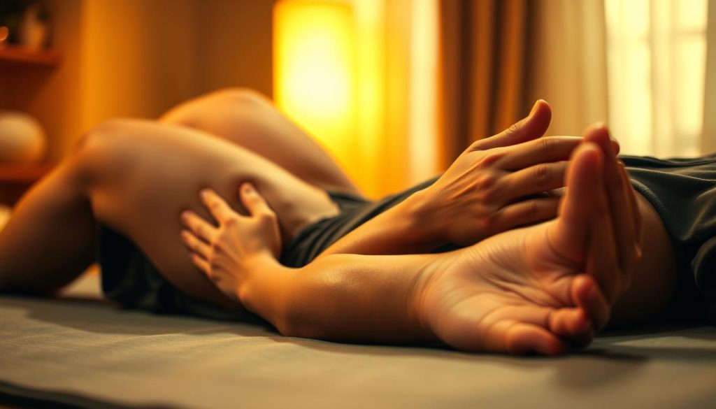 A person lying on their back, relaxing and massaging their leg muscles with their hands. The scene is set in a serene, dimly lit environment, with warm, soft lighting accentuating the curves of the muscles. The focus is on the person's hands kneading and soothing the tired, post-workout muscles, capturing the essence of self-massage techniques for speeding up muscle recovery. The angle is from a slightly elevated perspective, providing a clear view of the massage process. The atmosphere conveys a sense of calm, relaxation, and the personal care aspect of the self-massage.