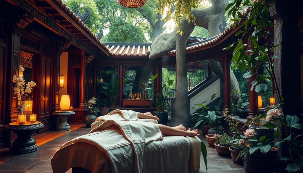 A serene Eastern spa nestled in lush greenery, with ornate wooden architecture and intricate stone carvings. Soft, warm lighting casts a golden glow, illuminating the graceful movements of masseuses as they practice ancient techniques passed down through generations. Delicate floral arrangements and fragrant incense create a tranquil, meditative atmosphere. The scene is captured from a low angle, emphasizing the timeless elegance and spiritual essence of the traditional Eastern massage practices.