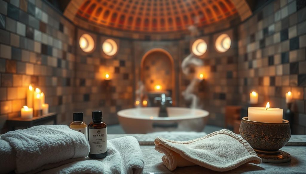 A serene Turkish hammam scene, bathed in warm, diffused lighting. In the foreground, a plush, white towel and a selection of essential oils, fragrant soaps, and a traditional kese glove. In the middle ground, a ornate, marble washbasin filled with steaming water, reflecting the flickering candlelight. The background depicts the hammam's domed, tiled interior, creating a tranquil, timeless ambiance. The overall mood is one of relaxation and anticipation, setting the stage for an indulgent, restorative spa experience. A serene Turkish hammam scene, bathed in warm, diffused lighting. In the foreground, a plush, white towel and a selection of essential oils, fragrant soaps, and a traditional kese glove. In the middle ground, a ornate, marble washbasin filled with steaming water, reflecting the flickering candlelight. The background depicts the hammam's domed, tiled interior, creating a tranquil, timeless ambiance. The overall mood is one of relaxation and anticipation, setting the stage for an indulgent, restorative spa experience.