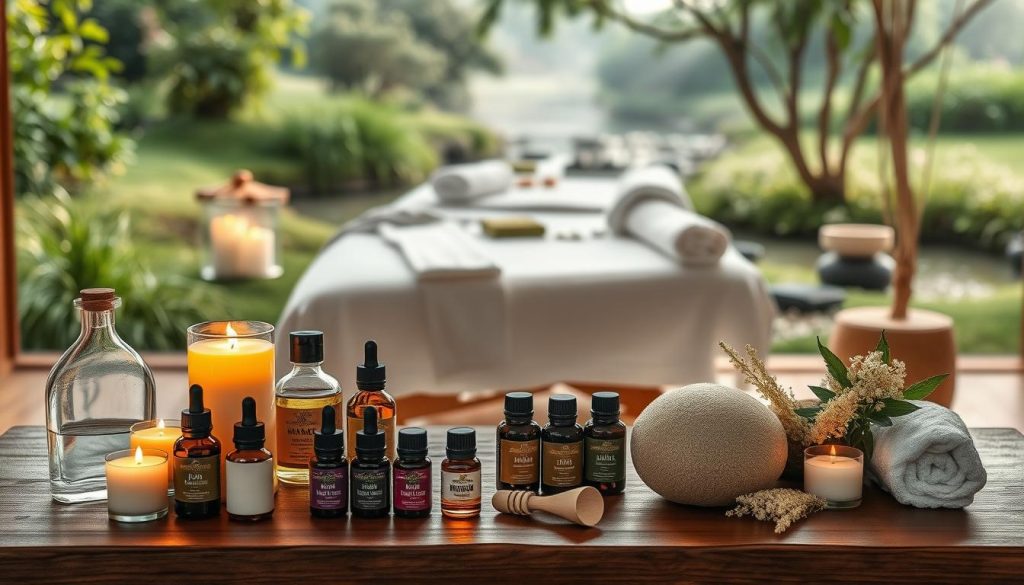 A serene and tranquil scene of an aromatherapy massage treatment options display. In the foreground, an assortment of essential oil bottles, fragrant candles, and soothing massage tools are neatly arranged on a wooden table, bathed in soft, warm lighting. The middle ground features a plush, inviting massage table with crisp white linens and fluffy towels, hinting at the relaxation to come. In the background, a calming, natural landscape unfolds, with lush greenery, a babbling brook, and a gentle, misty atmosphere, evoking a sense of harmony and well-being. The overall composition radiates an atmosphere of tranquility, indulgence, and the promise of a transformative massage experience.