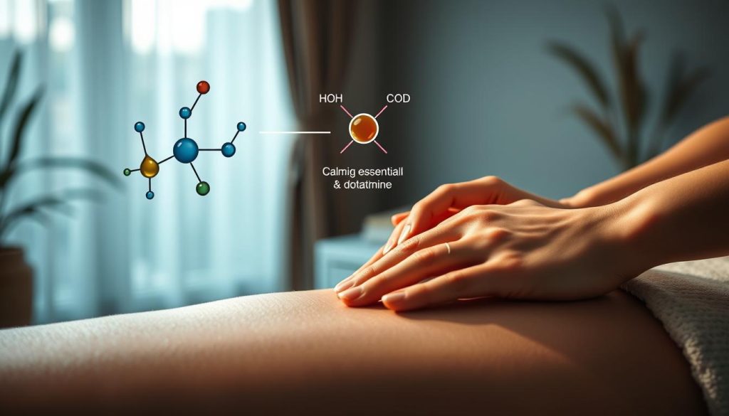 A serene, biochemically-inspired scene depicting the benefits of massage therapy. In the foreground, a close-up of hands kneading soothing essential oils into soft, relaxed skin. In the middle ground, a molecular diagram illustrates the release of calming neurotransmitters like serotonin and dopamine. The background features a tranquil, dimly lit room with gentle natural lighting filtering through sheer curtains, creating a calming atmosphere. The overall scene conveys the science-backed relaxation and mental wellness benefits of therapeutic massage. A serene, biochemically-inspired scene depicting the benefits of massage therapy. In the foreground, a close-up of hands kneading soothing essential oils into soft, relaxed skin. In the middle ground, a molecular diagram illustrates the release of calming neurotransmitters like serotonin and dopamine. The background features a tranquil, dimly lit room with gentle natural lighting filtering through sheer curtains, creating a calming atmosphere. The overall scene conveys the science-backed relaxation and mental wellness benefits of therapeutic massage.
