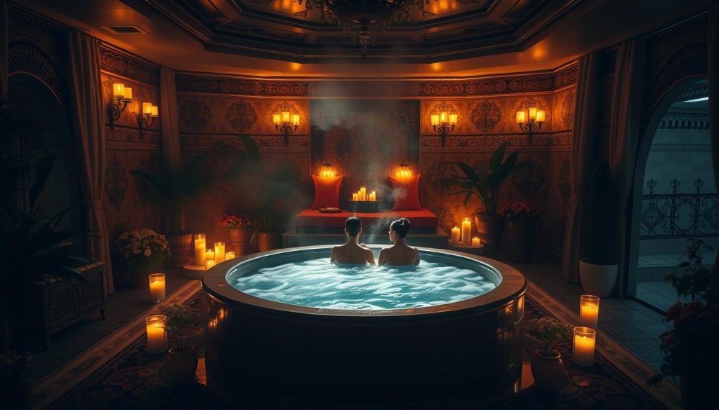 A serene, dimly lit couple's wellness suite in a luxurious Istanbul spa. Warm, flickering candlelight casts a soft glow over the ornate Turkish-style decor - plush rugs, intricate tilework, and flowing fabrics. In the center, a large, soothing hot tub surrounded by lush potted plants and flowers. Soft, ambient music plays in the background, creating a tranquil, romantic atmosphere. Wisps of fragrant steam rise from the water, inviting couples to sink in and fully unwind, leaving the stresses of the outside world behind.