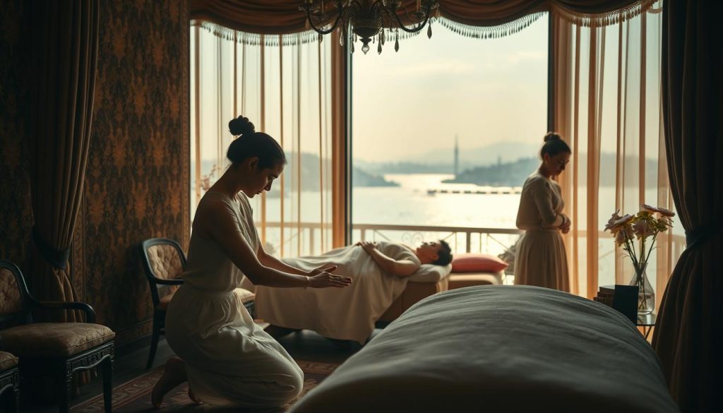 A serene, dimly lit massage studio in Istanbul, with elegant female therapists practicing traditional techniques. Soft, warm lighting illuminates the scene, casting a golden glow on the intricate tapestries and plush, ornate furnishings. In the foreground, a graceful therapist kneels beside a client, her skilled hands delicately manipulating muscles with precision and care. The middle ground showcases a second therapist, her movements fluid and rhythmic, as she utilizes time-honored massage modalities. The background features a stunning view of the Bosporus, the shimmering waters and distant landmarks adding a sense of tranquility and timelessness to the composition. A serene, dimly lit massage studio in Istanbul, with elegant female therapists practicing traditional techniques. Soft, warm lighting illuminates the scene, casting a golden glow on the intricate tapestries and plush, ornate furnishings. In the foreground, a graceful therapist kneels beside a client, her skilled hands delicately manipulating muscles with precision and care. The middle ground showcases a second therapist, her movements fluid and rhythmic, as she utilizes time-honored massage modalities. The background features a stunning view of the Bosporus, the shimmering waters and distant landmarks adding a sense of tranquility and timelessness to the composition.