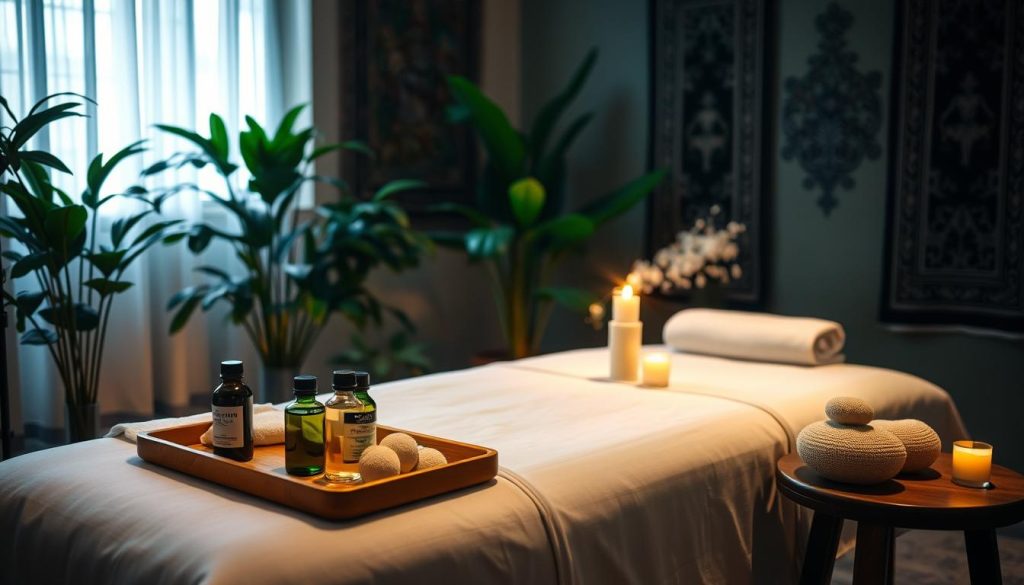 A serene, dimly lit massage studio in Istanbul. Soft ambient lighting illuminates a wooden massage table draped with crisp white linens. An array of essential oils, aromatic candles, and natural sponges are neatly arranged on a side table. In the background, plush green foliage and ornate tapestries create a tranquil, spa-like atmosphere. The camera captures the scene from a slight high angle, emphasizing the attention to detail and thoughtful preparation for a rejuvenating massage experience. A serene, dimly lit massage studio in Istanbul. Soft ambient lighting illuminates a wooden massage table draped with crisp white linens. An array of essential oils, aromatic candles, and natural sponges are neatly arranged on a side table. In the background, plush green foliage and ornate tapestries create a tranquil, spa-like atmosphere. The camera captures the scene from a slight high angle, emphasizing the attention to detail and thoughtful preparation for a rejuvenating massage experience.