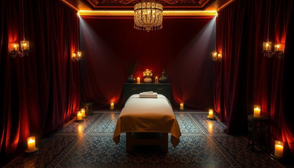 A serene, dimly lit massage studio in Istanbul's historic Sultanahmet district. Plush, jewel-toned textiles drape the walls, casting a warm glow. Intricate mosaic tiles line the floor, their patterns reflecting the soft candlelight. In the center, a massage table awaits, adorned with luxurious linens and essential oils. The air is fragrant with the scents of Turkish rose and frankincense, transporting the senses to a bygone era. Soft, atmospheric lighting illuminates the space, creating an immersive, meditative atmosphere perfect for a transformative boutique massage experience. A serene, dimly lit massage studio in Istanbul's historic Sultanahmet district. Plush, jewel-toned textiles drape the walls, casting a warm glow. Intricate mosaic tiles line the floor, their patterns reflecting the soft candlelight. In the center, a massage table awaits, adorned with luxurious linens and essential oils. The air is fragrant with the scents of Turkish rose and frankincense, transporting the senses to a bygone era. Soft, atmospheric lighting illuminates the space, creating an immersive, meditative atmosphere perfect for a transformative boutique massage experience.
