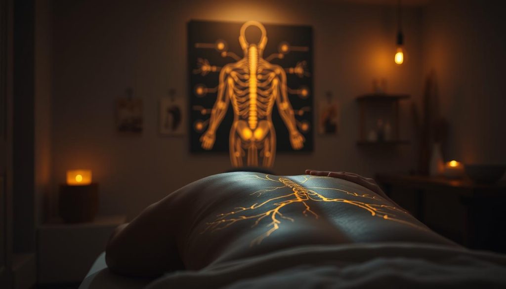 A serene, dimly lit massage studio, with soft ambient lighting casting a warm glow. In the foreground, a skilled massage therapist's hands delicately trace the intricate pathways of the nervous system, coaxing tension from the client's back. The middle ground features an anatomical diagram of the nervous system, with glowing, luminescent nerves and synapses. The background showcases a tranquil, zen-like setting with minimalist decor and soothing textures, evoking a sense of profound relaxation and inner calm. The overall atmosphere is one of deep therapeutic connection, where the power of touch unlocks the hidden potential of the mind and body.